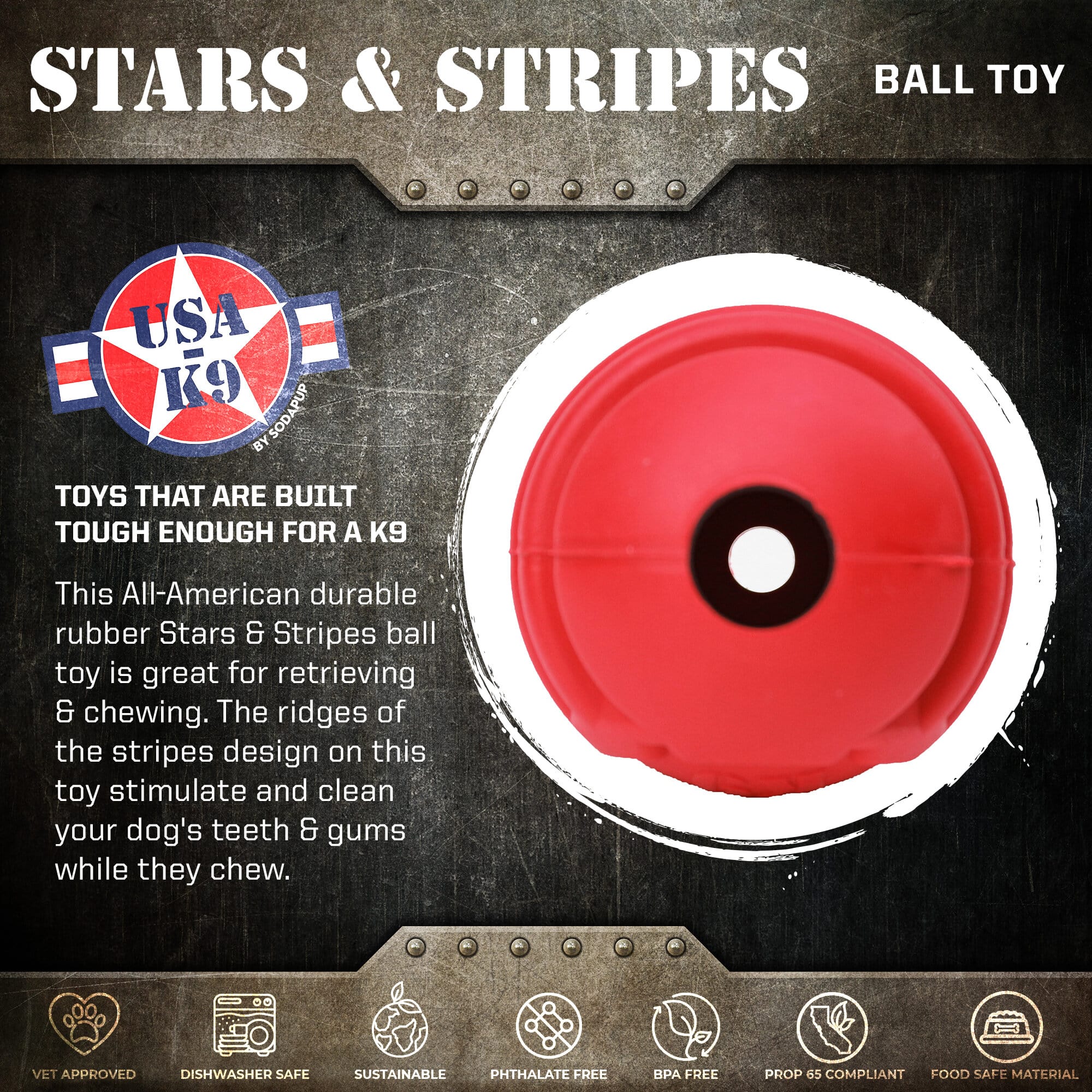 USA-K9 Stars and Stripes Ultra-Durable Rubber Chew Ball - Image 2